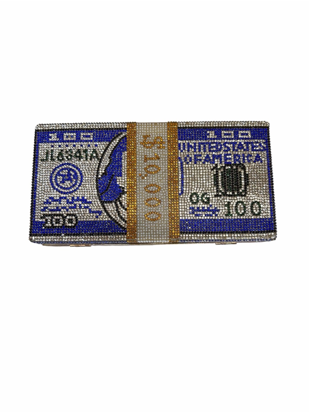 🔥 Rhinestone $100 Dollar Bill Clutch Evening Bag Blue Silver Gold Crystal Purse🔥